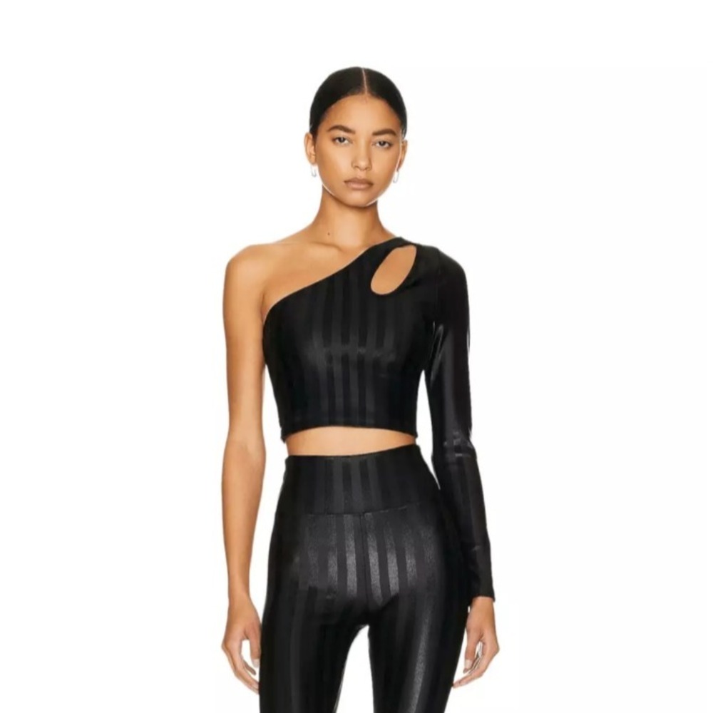 NWT Koral Janie Infinity One Shoulder‎ Crop Top Black Textural Stripe SZ XS